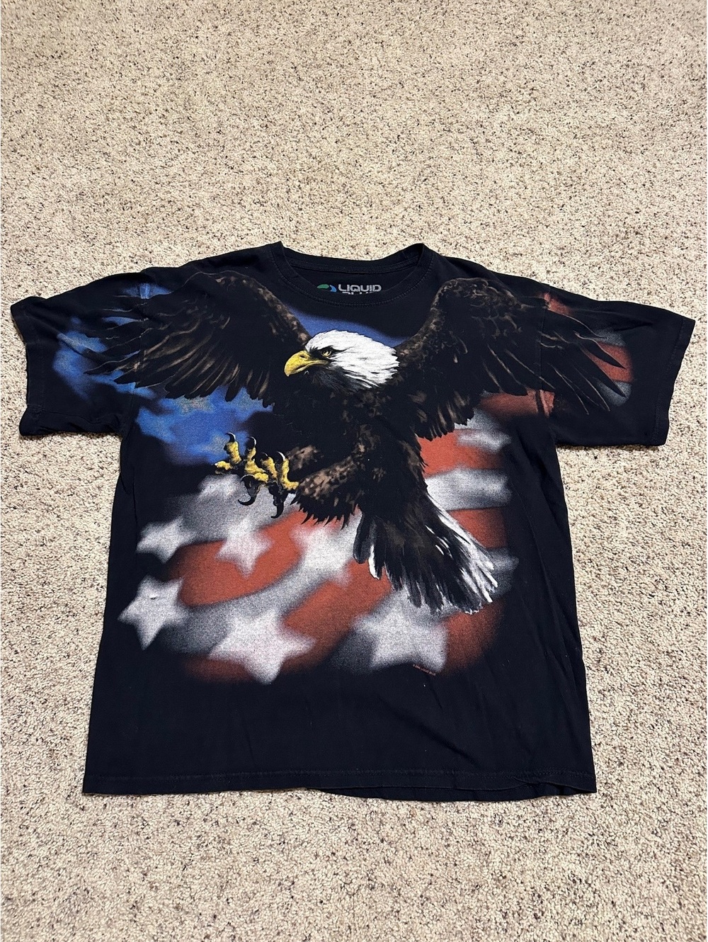 Liquid Blue XL Black T-Shirt with Eagle and American Flag Graphic
